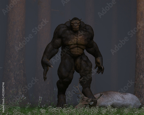 3d illustration of the Gugwe Bigfoot variant stood over a fallen Deer in a forest © GARETH