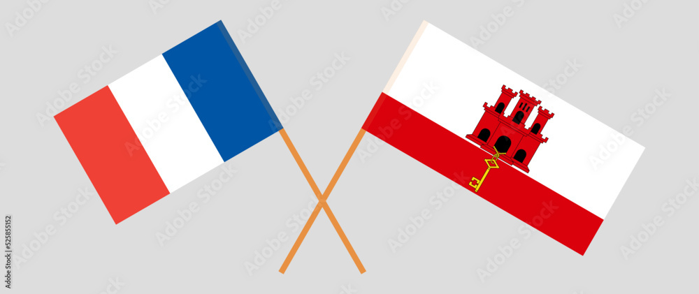 Crossed flags of France and Gibraltar. Official colors. Correct proportion