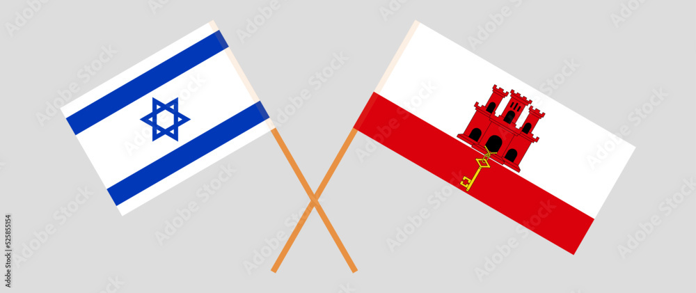 Crossed flags of Israel and Gibraltar. Official colors. Correct proportion
