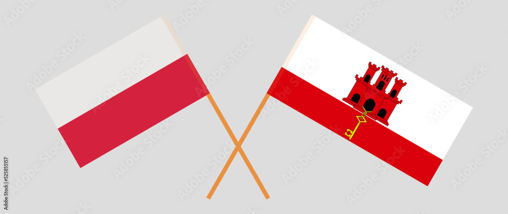 Crossed flags of Poland and Gibraltar. Official colors. Correct proportion