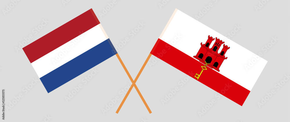 Crossed flags of the Netherlands and Gibraltar. Official colors. Correct proportion