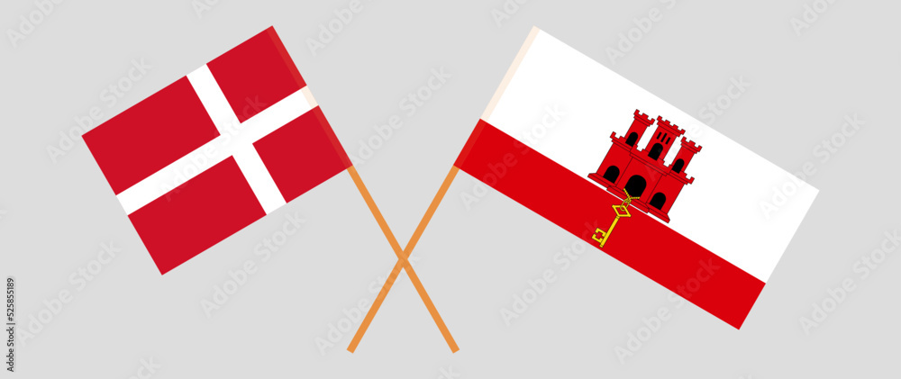Crossed flags of Denmark and Gibraltar. Official colors. Correct proportion