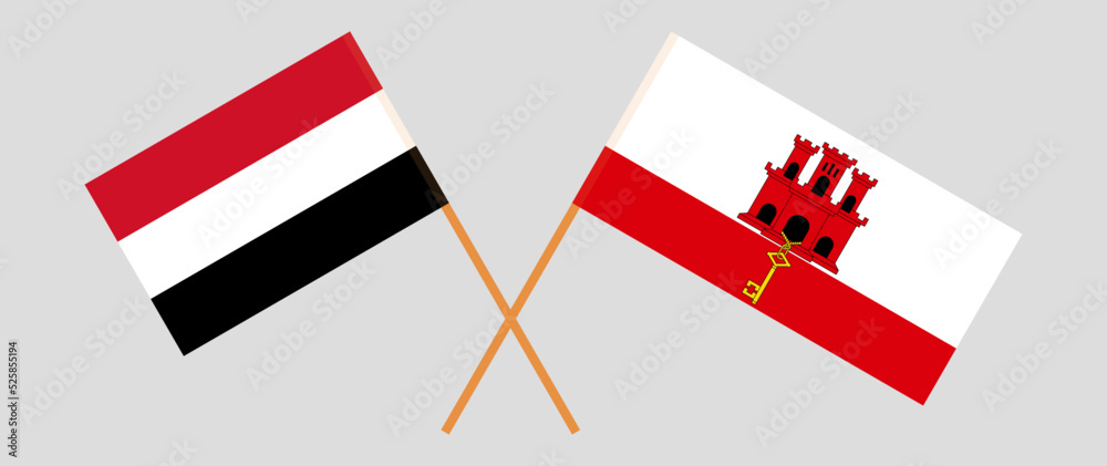 Crossed flags of Yemen and Gibraltar. Official colors. Correct proportion