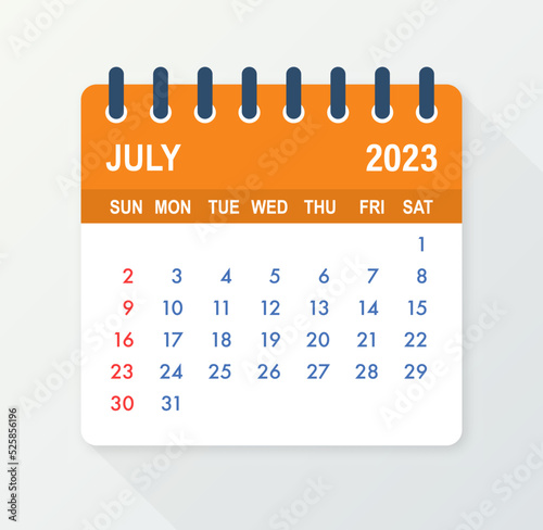 July 2023 Calendar Leaf. Calendar 2023 in flat style. Vector illustration.