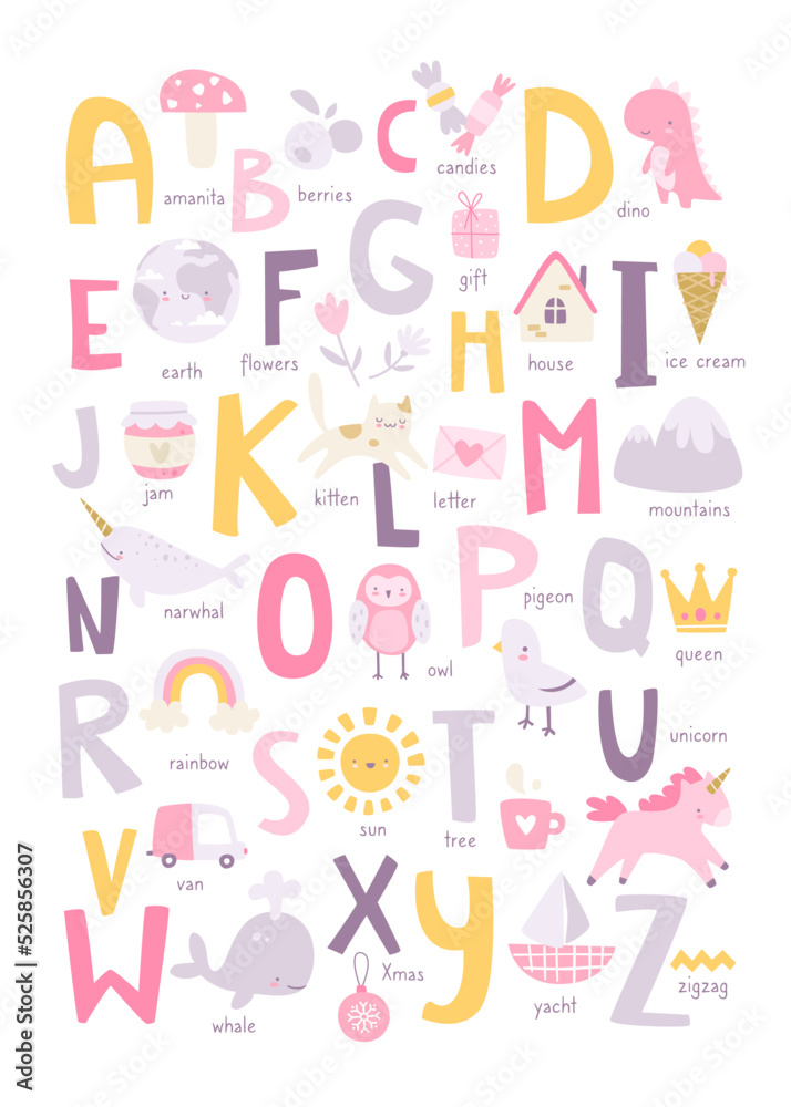 Cute girly english alphabet for kids with naive doodle pictures. Abc learning cartoon poster for nursery wall.