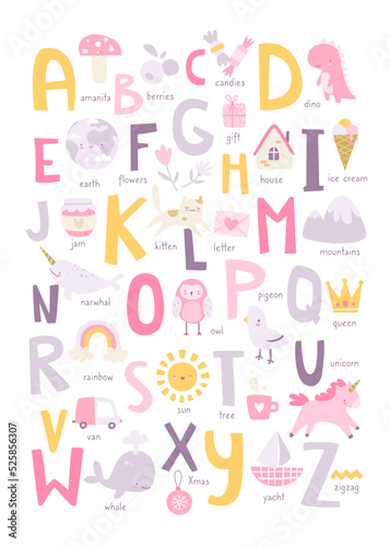 Cute girly english alphabet for kids with naive doodle pictures. Abc learning cartoon poster for nursery wall.