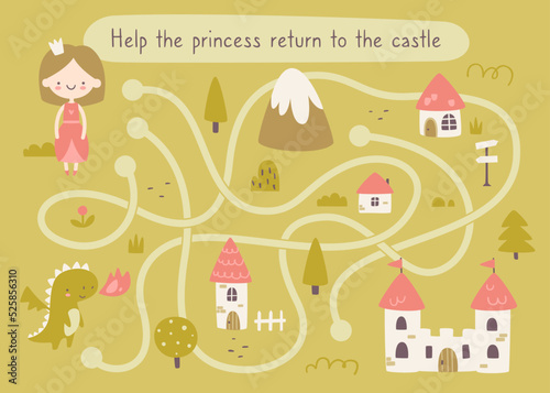 Fairy tale mini labyrinth game for baby girls. Fantasy village maze with princess for kids.