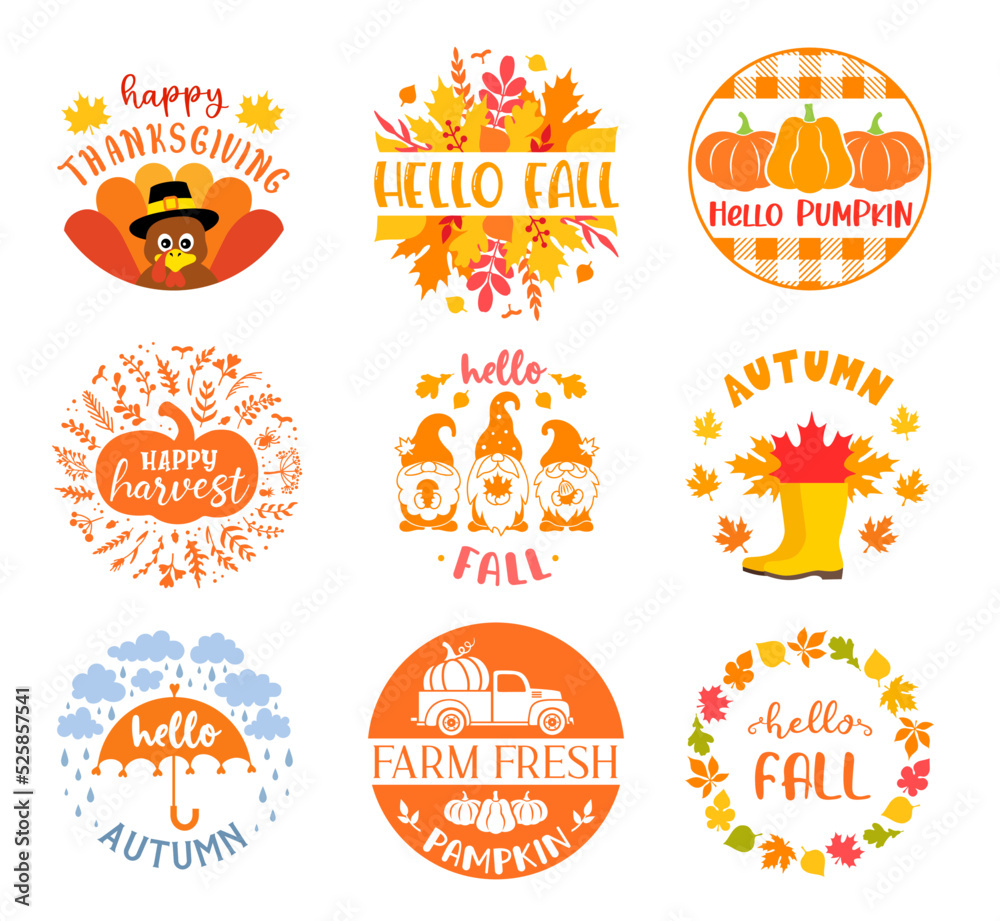 Autumn round sign with quotes Hello fall. Set of fall symbols or emblem designs. Holiday illustration for badges and cards.