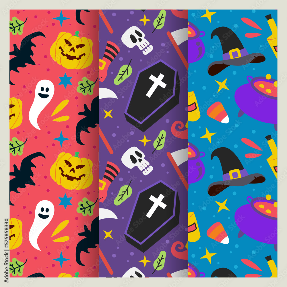 Halloween vector cartoon seamless pattern. Background for wallpaper, wrapping, packing, and backdrop. Halloween background with ghosts, skulls, bones, bats, pumpkins, spiders and maple leaves.