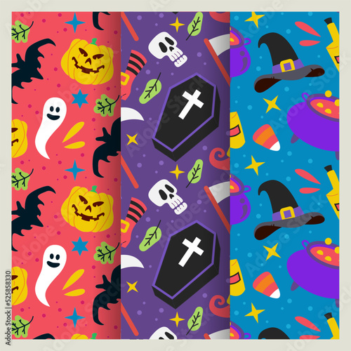 Halloween vector cartoon seamless pattern. Background for wallpaper  wrapping  packing  and backdrop. Halloween background with ghosts  skulls  bones  bats  pumpkins  spiders and maple leaves.