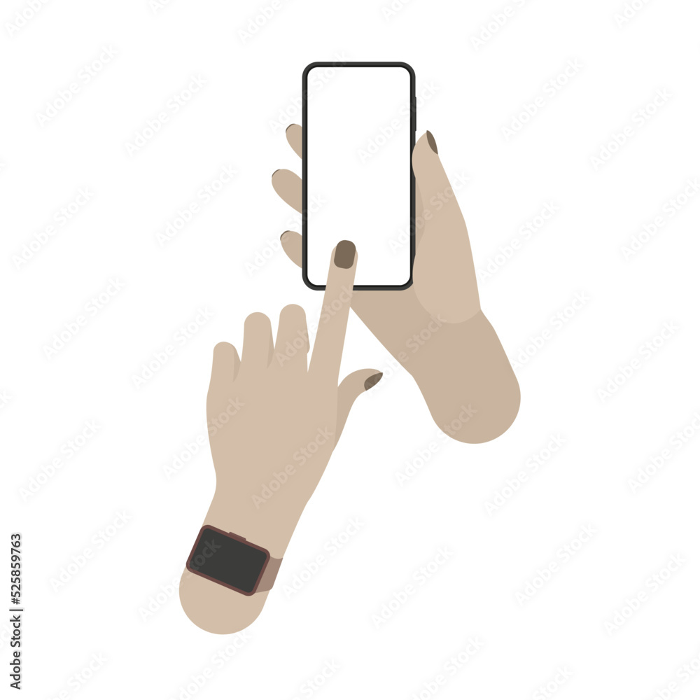Image of a phone with a blank screen in hand .Interaction in social networks. Vector flat illustration for website and banner design
