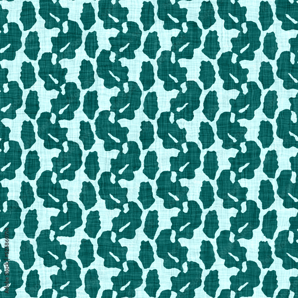 Coastal living aegean teal green broken dyed washed mottled speckle seamless pattern. Rustic marine beach house style home decor textile background. Faded blur irregular shape linen cloth fabric.