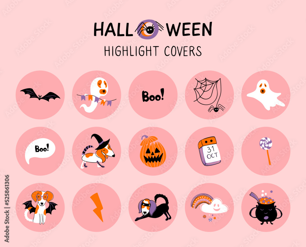 Naklejka premium Halloween highlights covers for social media. Set of cute elements in doodle style. Hand drawn icons with dogs in carnival costumes. Stickers, weekly planner. Vector illustration.