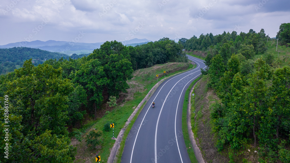 Aerial view of road going through greenery, Roads through the green forest, drone landscape - obrazy, fototapety, plakaty 
