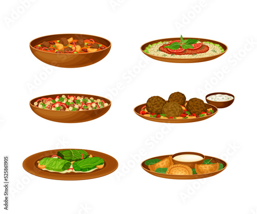 Arabic cuisine traditional food dishes set cartoon vector illustration