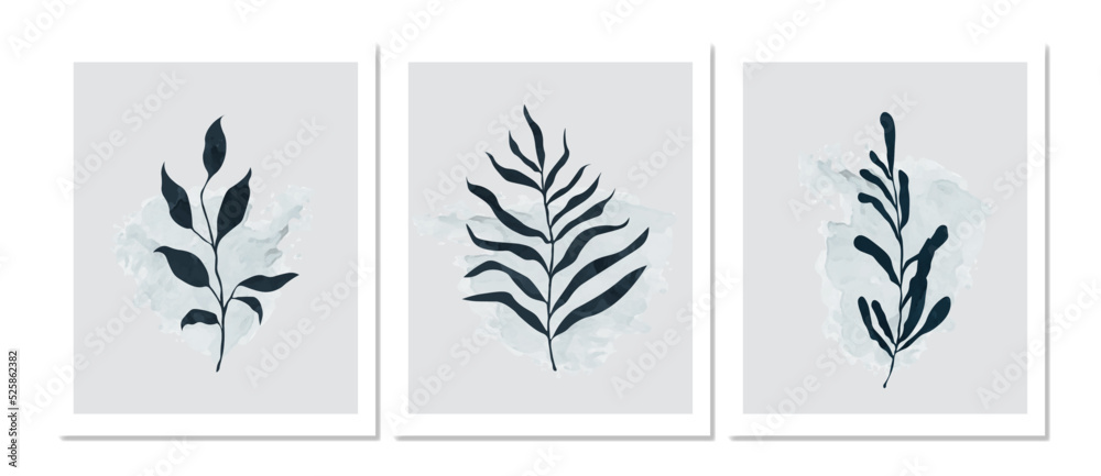 Wall set in leafy style. Collection of hand drawn leaves with blue watercolor texture, leaf branch, line art. Set of botanical posters for wall decoration, interior, wallpaper