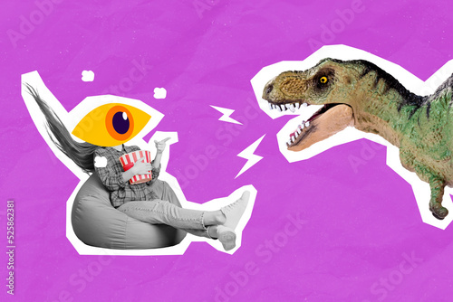 Fototapeta Naklejka Na Ścianę i Meble -  Banner collage of girl watch film dinosaur black and white isolated on painting violet color background