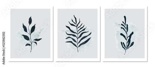 Wall set in leafy style. Collection of hand drawn leaves with blue watercolor texture, leaf branch, line art. Set of botanical posters for wall decoration, interior, wallpaper