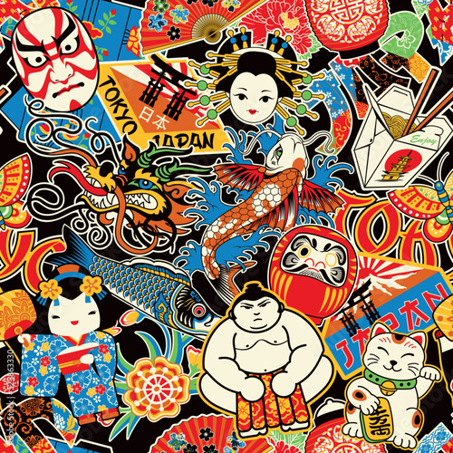Fototapet Cute Japanese icon and symbol stickers collage patchwork vector seamless pattern
