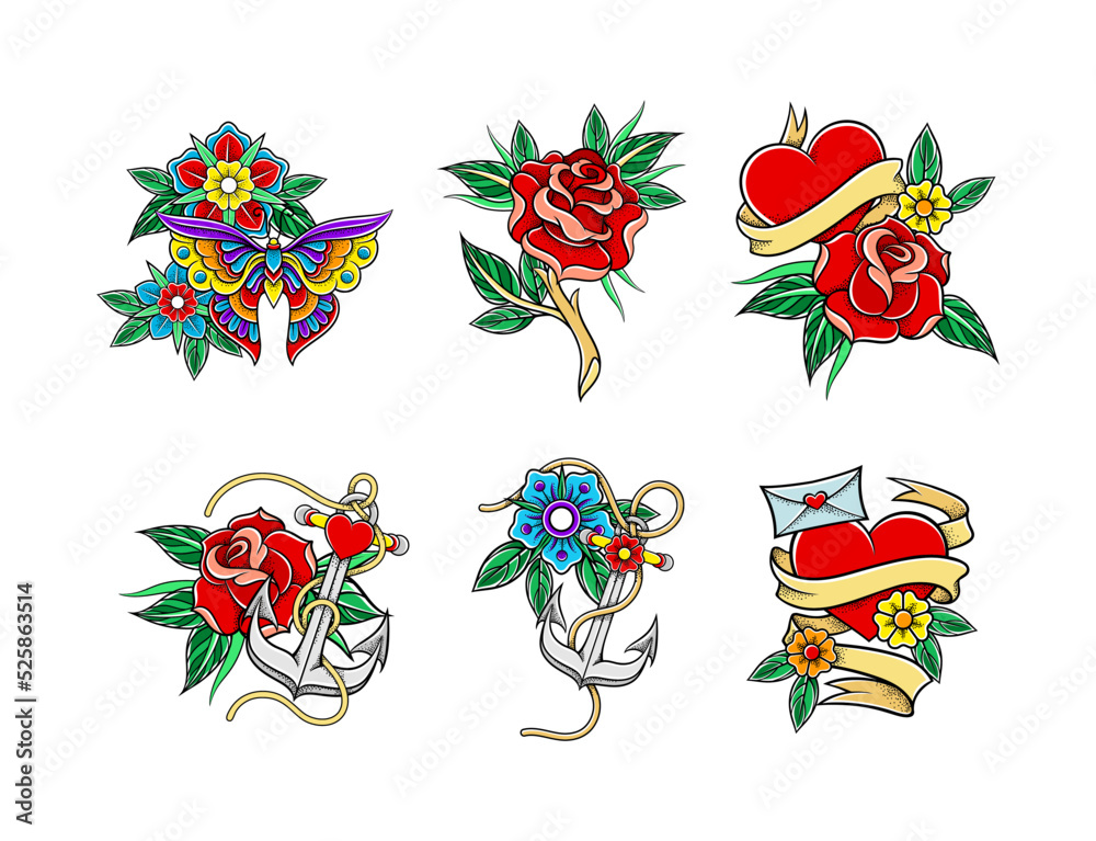 Old school tattoo set. Colorful bright vintage design tattoos with rose flowers, butterfly, heart, anchor hand drawn vector illustration