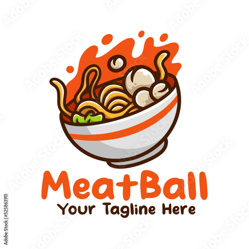 Meatball Bakso Indonesian Food With Noodle and Vegetable Cartoon Illustration Logo