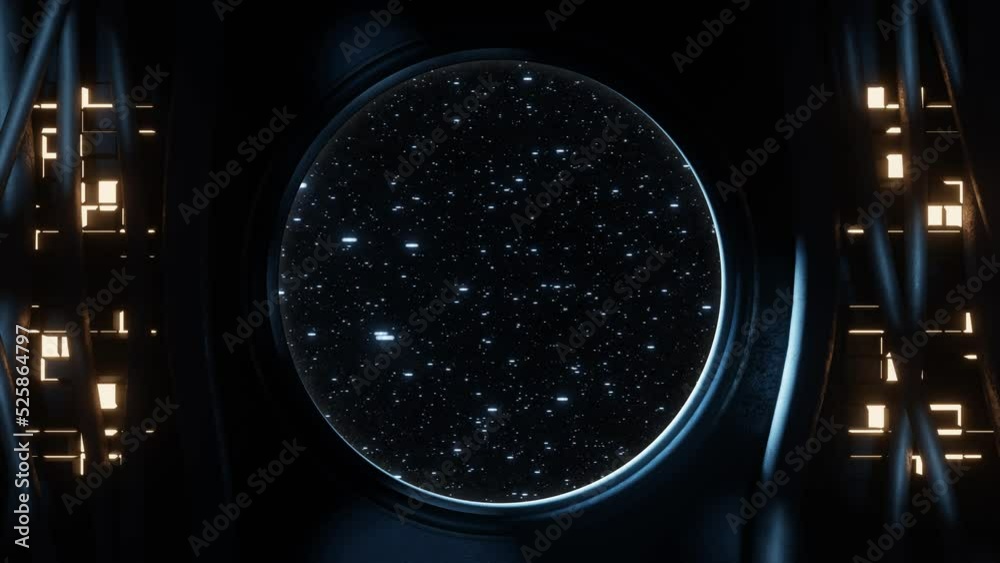 View of a round window with stars background moving horizontally seen from inside a spaceship or scifi environment location with cables, light panels and moving illuminations. Looping video. 3D render