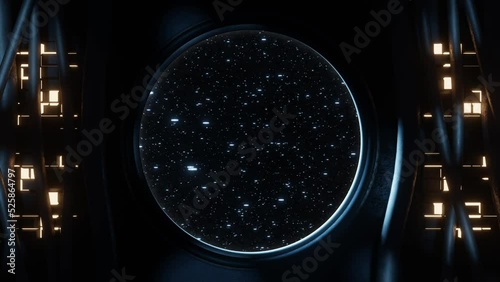 View of a round window with stars background moving horizontally seen from inside a spaceship or scifi environment location with cables, light panels and moving illuminations. Looping video. 3D render