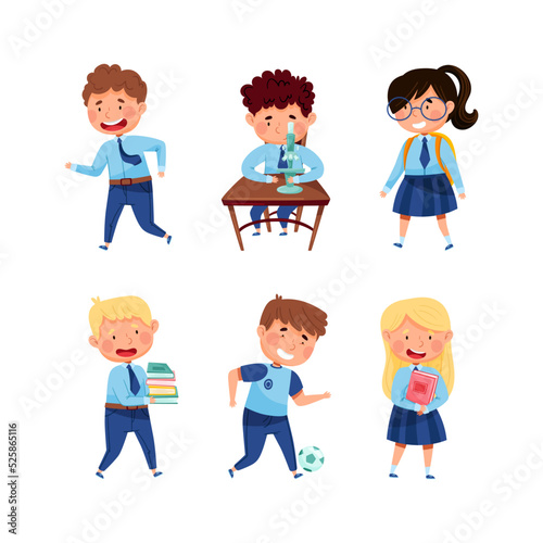 Back to school. Happy boys and girls in uniform learning at school cartoon vector illustration