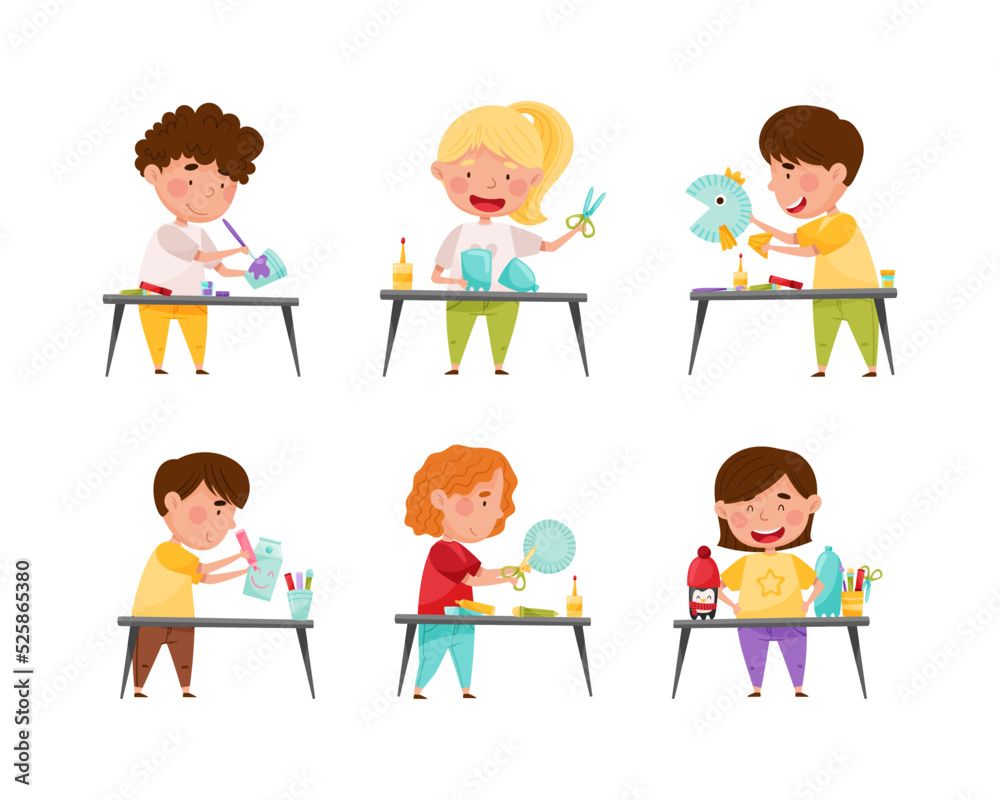 Happy cute kids painting and cutting paper crafts at lesson set. Early education concept cartoon vector illustration Happy cute kids painting and cutting paper crafts at lesson set. Early education concept cartoon vector illustration