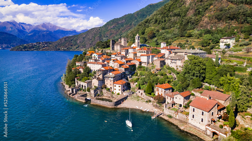 Stynning idyllic lake scenery, amazing Lago di Como. Aerial view of beautiful medieval village Dervio. Italy, Lombardia