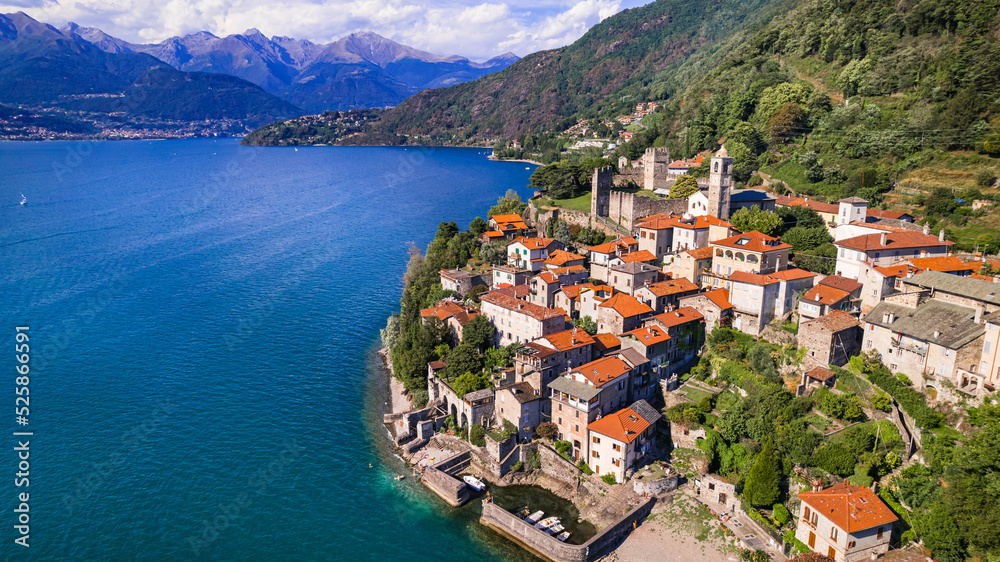 Stynning idyllic lake scenery, amazing Lago di Como. Aerial view of beautiful medieval village Dervio. Italy travel
