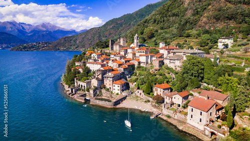 Stynning idyllic lake scenery  amazing Lago di Como. Aerial view of beautiful medieval village Dervio. Italy  Lombardia