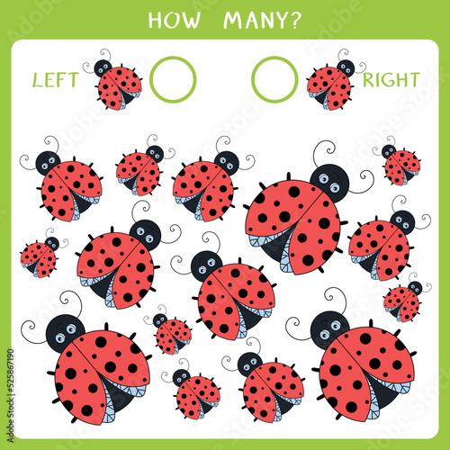 Simple educational game for kids. Count how many ladybugs goes to the left and to the right and write the result. Vector worksheet
