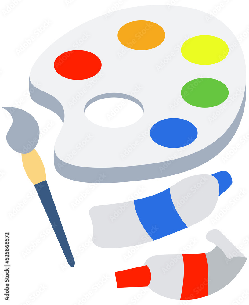 Palette with paints and a brush. Children's illustration. For your design. Palette with paints and a brush. Children's illustration. For your design.