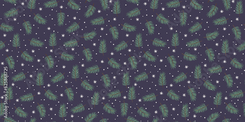 Christmas and Happy New Year seamless pattern. Spruce branches, snowflakes, snow. New Year symbols.Trendy retro style. Vector design.