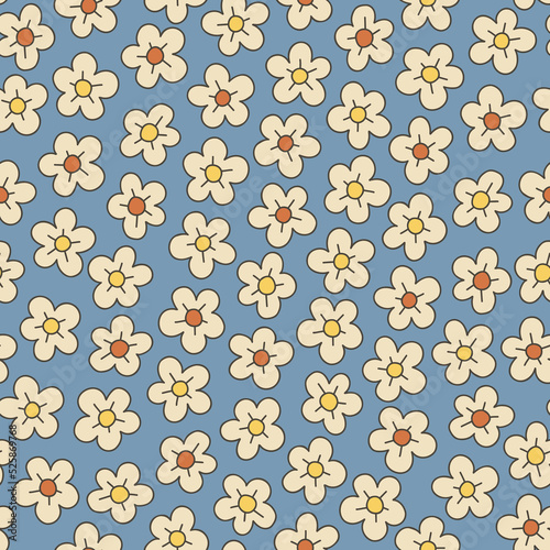 Colorful Ditsy Hand-Drawn Floral Vector Seamless Pattern. Retro 70s Style Nostalgic Daisies. Fashion Textile Bold Background. Summer Resort Print. Flower Power