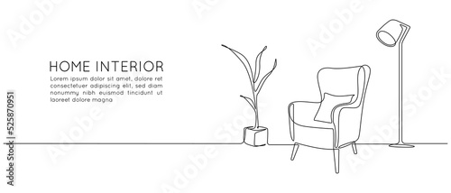 One continuous line drawing of armchair and floor lamp and potted plant. Modern rustic cozy furniture for living room interior in simple linear style. Editable stroke. Doodle Vector illustration