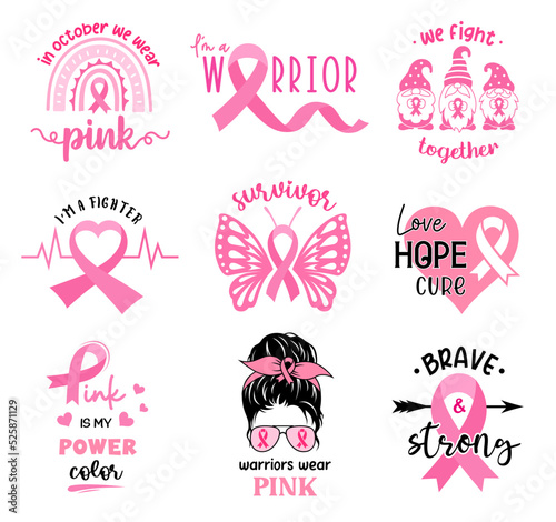 Breast cancer awareness quotes set. Illustration in support of breast cancer patients. Symbols with pink ribbon. Emblem designs or badges, sign and print for shirt.