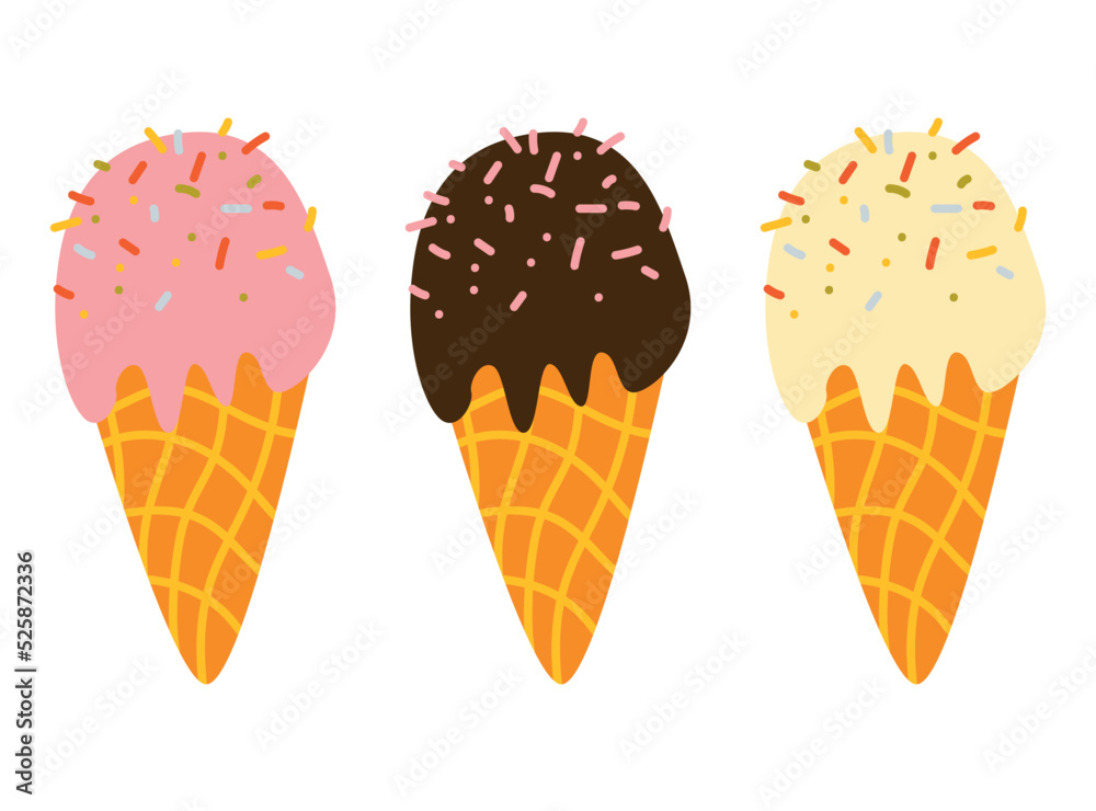 Vector illustration of ice cream in a waffle cone. Icecream in pink and blue colors isolated on white background