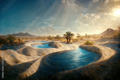 Desert Sea Oasis Palm Tree. Fantasy Backdrop. Concept Art. Realistic Illustration. Video Game Background. Digital Painting. CG Artwork. Scenery Artwork. Serious Painting. Book Illustration.