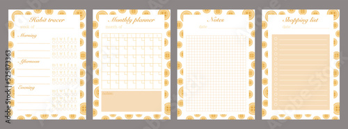 A set of planners. Template for a list of products, a habit tracker, a monthly planner and a sheet for notes. Cute and simple to-do list for printing. Color yellow. Vector graphic.
