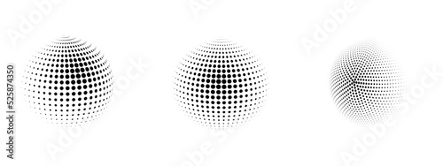 Set of geometric dots with halftone effect. Curved gradient pattern with black and white spots. Abstract elements isolated on white background.Vector illustration.