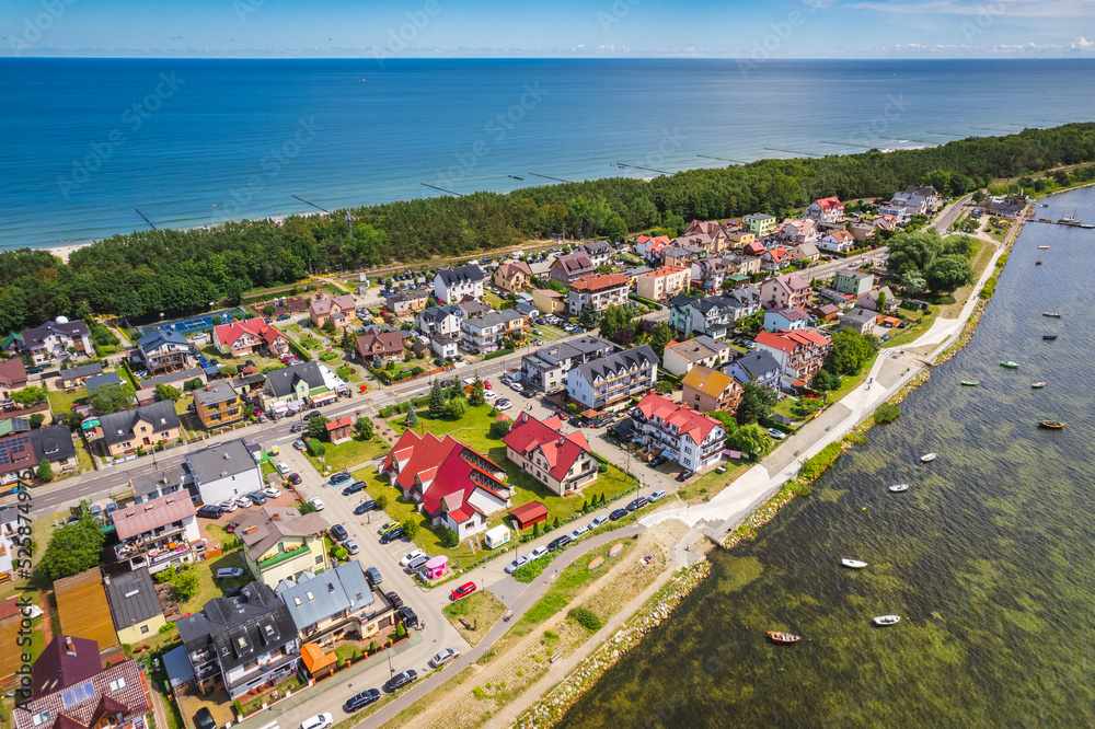 Summer view from the air of the Hel Peninsula, a calm and nice landscape over Chalupy village.