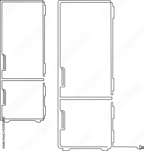 Refrigerator with two doors for food storage. Kitchen electrical equipment. Continuous line drawing. Linear vector illustration, isolated on white background