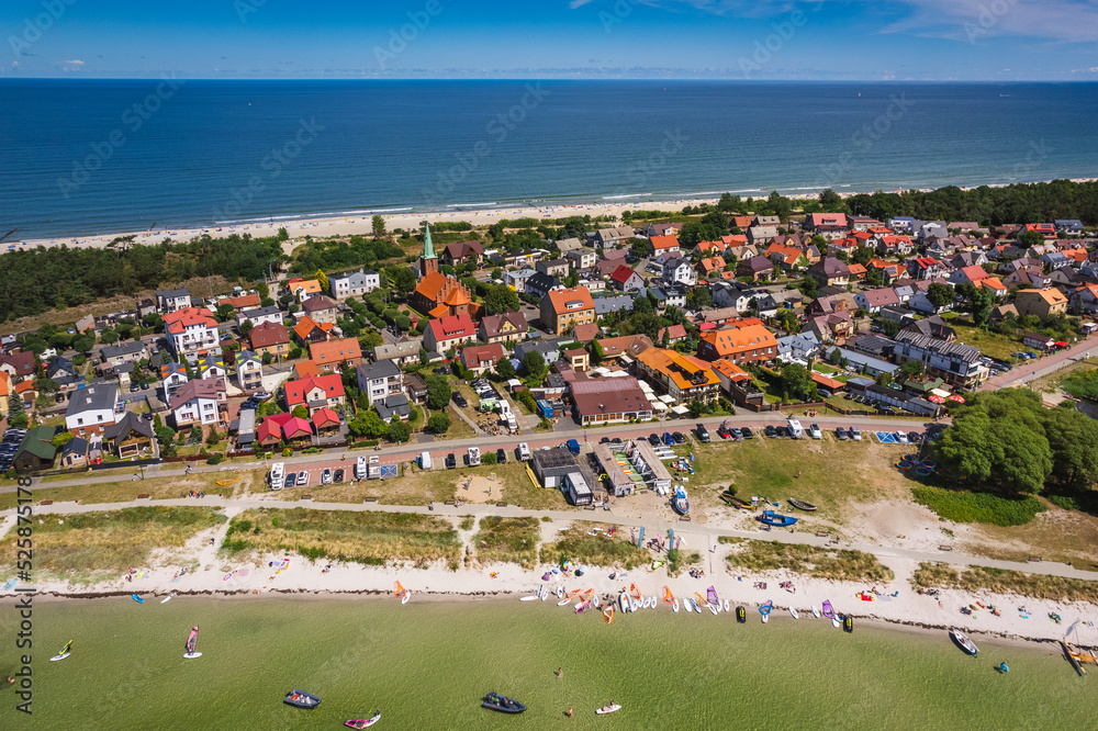 Summer view from the air of the Hel Peninsula, a calm and nice landscape over Kuznica village.