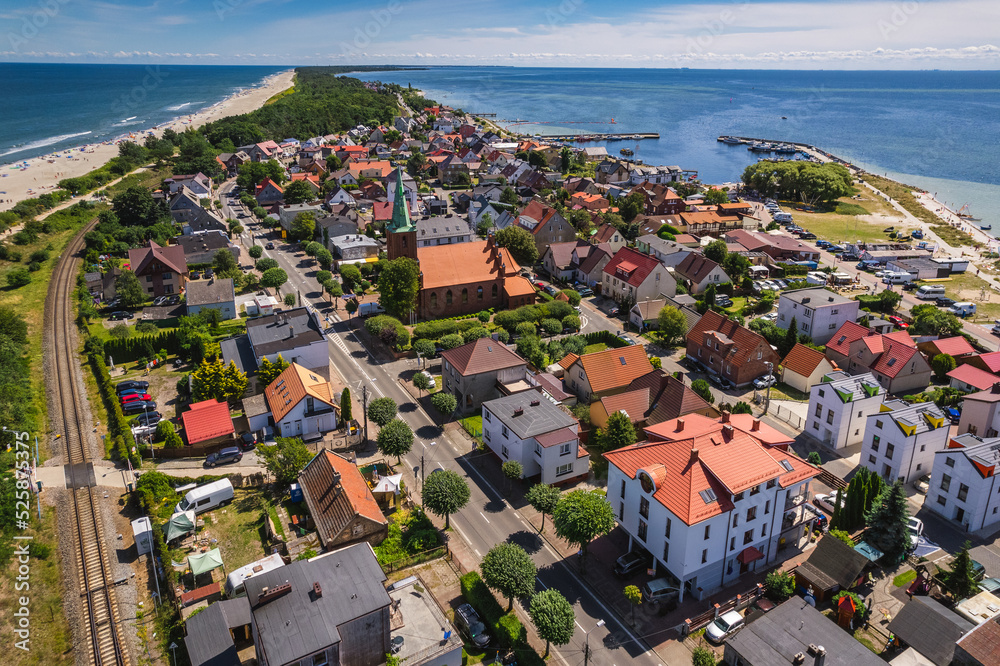 Summer view from the air of the Hel Peninsula, a calm and nice landscape over Kuznica village.