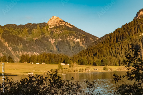 Beautiful alpine summer evening view at the famous Haldensee, Tannheimer Tal valley, Tannheim, Tyrol, Austria