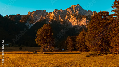 Beautiful evening view with alpenglow at the famous Haldensee, Tannheimer Tal valley, Tannheim, Tyrol, Austria
