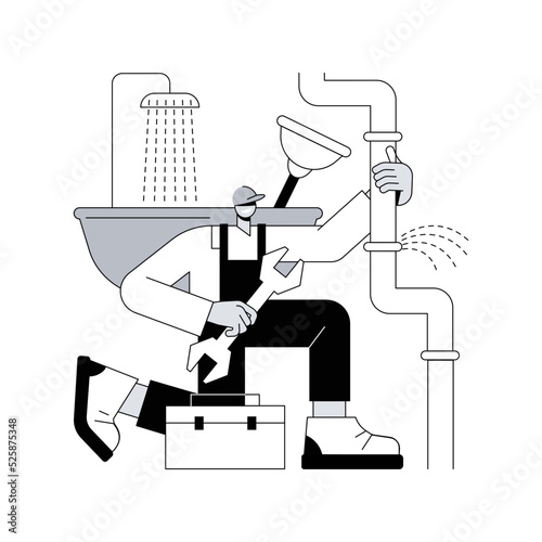 Plumber services abstract concept vector illustration. Full service sewer and drain repair, drain fitting, water drinking distribution, heating installation, leaky pipe abstract metaphor.