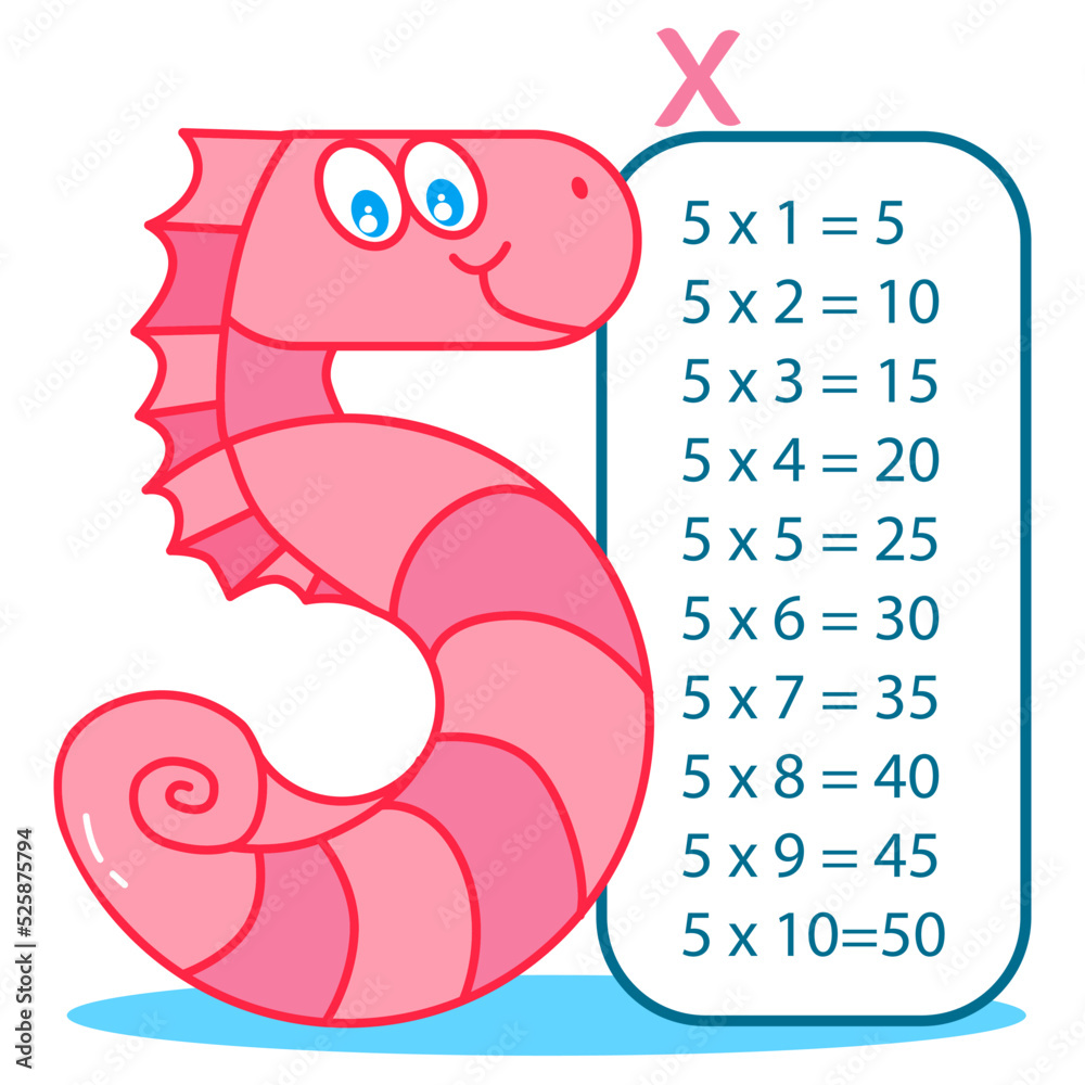 Multiplication table with happy seahorse number 5 five times table